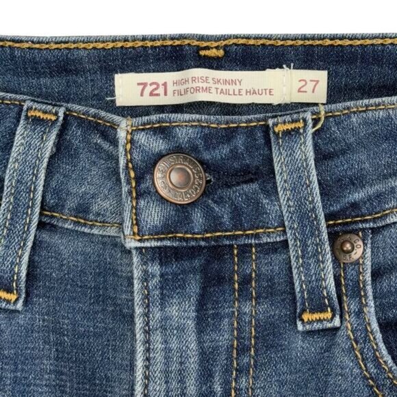 LEVI'S 721 High Rise Skinny Jean Sz 27 Blue Distressed Ripped Detail - Picture 4 of 7